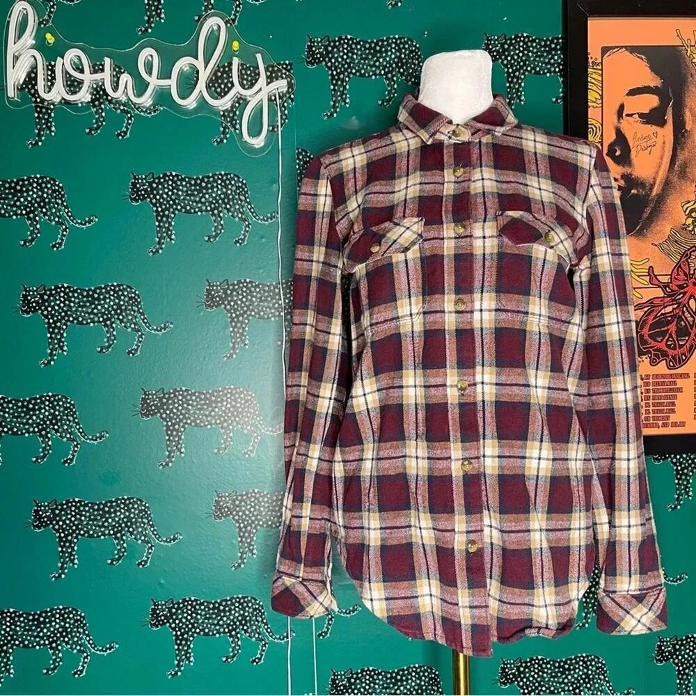 VANS 100% Cotton Burgundy & Blue Plaid Flannel Button Up Shirt Size XS Mens